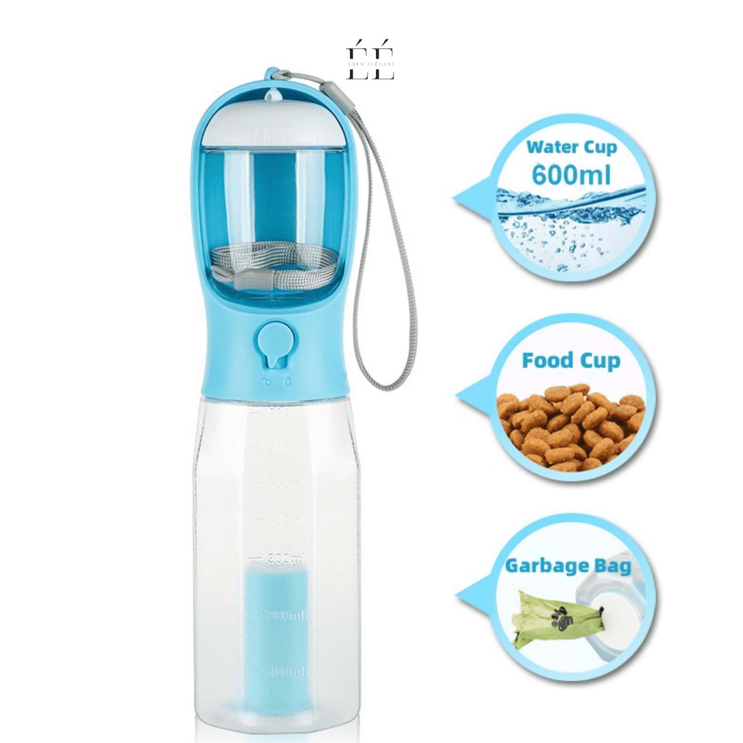 Gourde Multifonction 4-en-1 pour Animaux – Hydratation, Repas et Propreté en Toute Simplicité