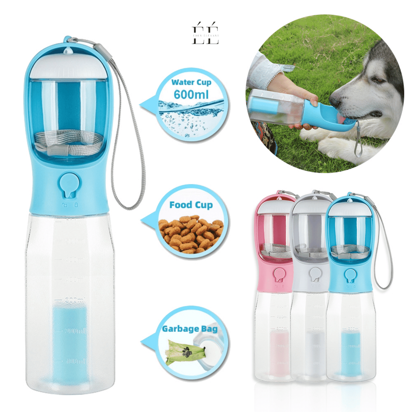 Gourde Multifonction 4-en-1 pour Animaux – Hydratation, Repas et Propreté en Toute Simplicité