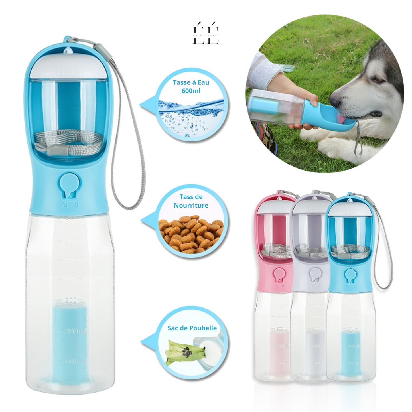 Gourde Multifonction 4-en-1 pour Animaux – Hydratation, Repas et Propreté en Toute Simplicité